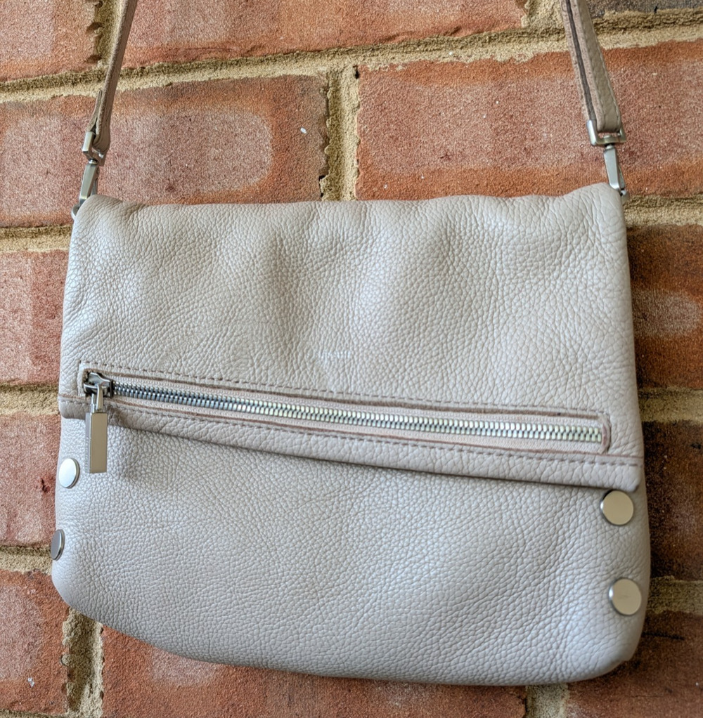 Hammitt VIP Medium Taupe Beige Gray Tan Pebbled Leather Crossbody Bag Zip Flap